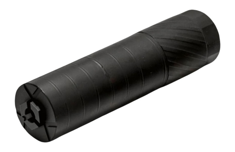 Black cylindrical firearm suppressor on white background