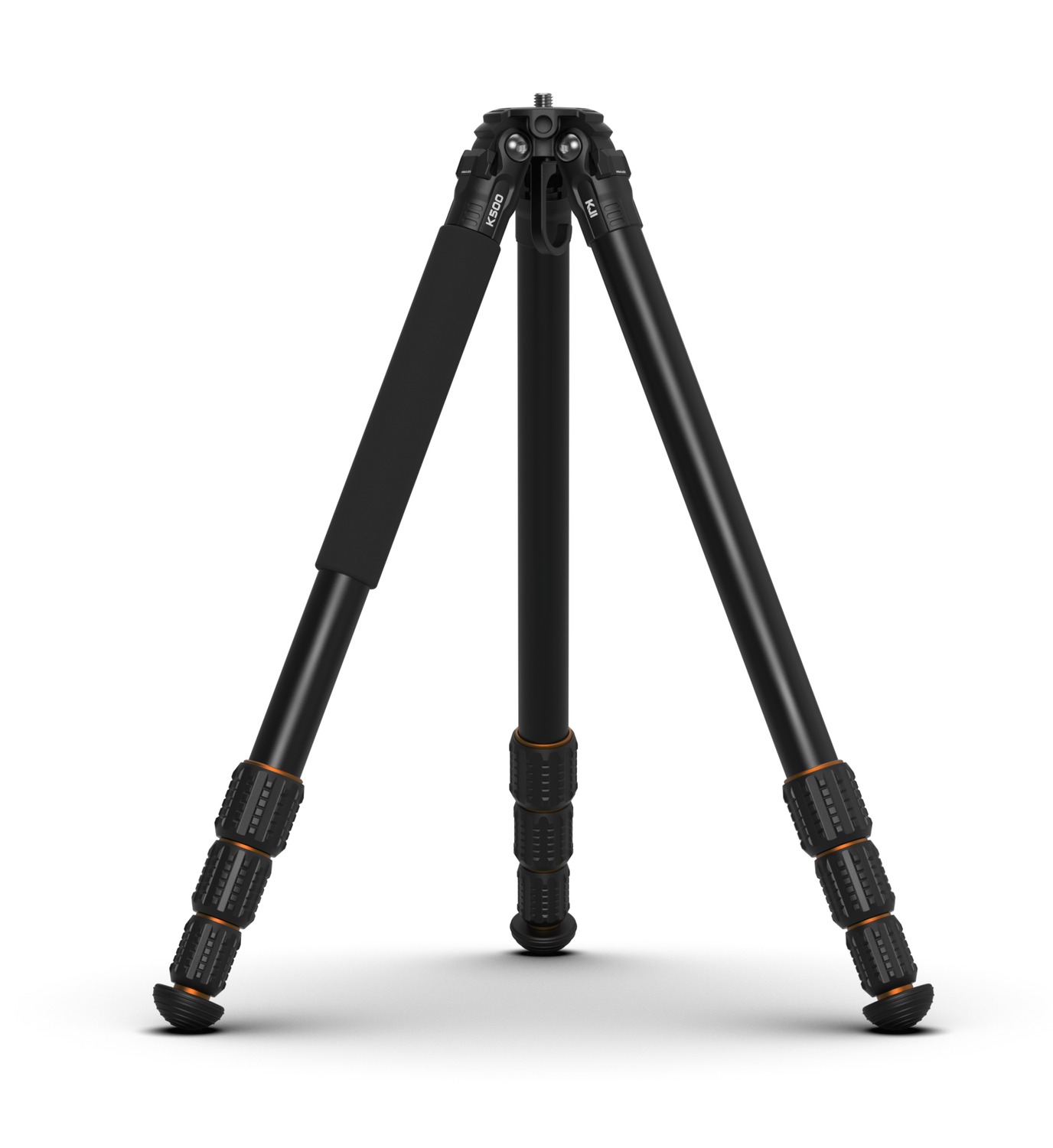 Black adjustable camera tripod on white background