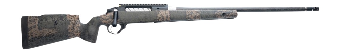 Camouflage bolt-action rifle on white background