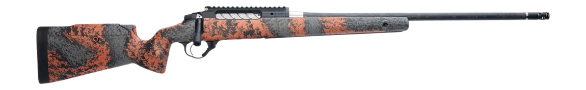 Orange and black camo bolt-action rifle