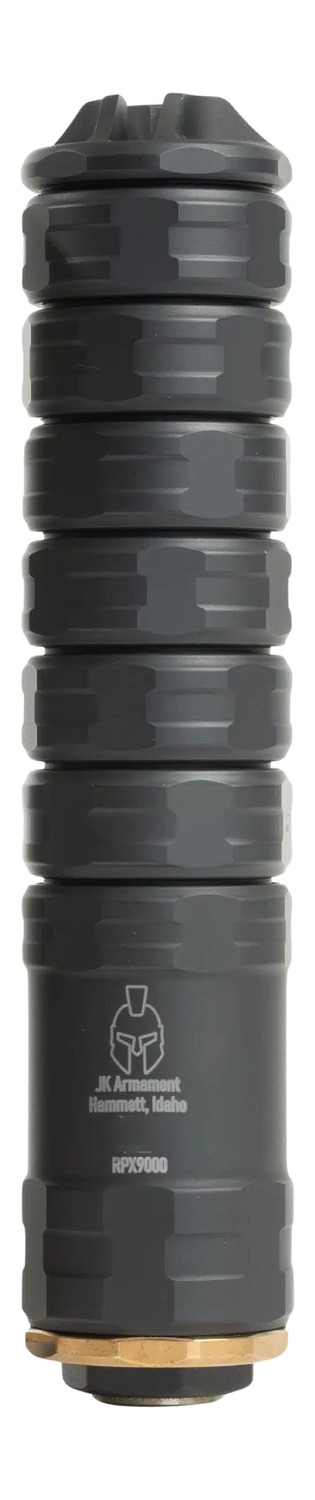 Black cylindrical firearm suppressor with textured grip