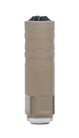 Tan cylindrical firearm suppressor on white background