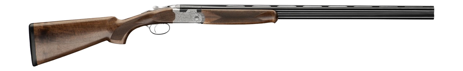 Side view of wooden stock over-under shotgun