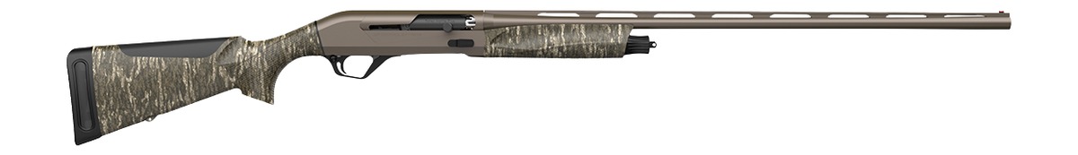 Camouflage-patterned semi-automatic shotgun on white background