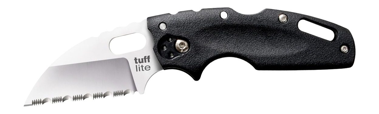 Black folding serrated knife with textured handle