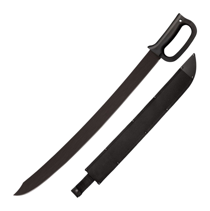Black machete with sheath on white background