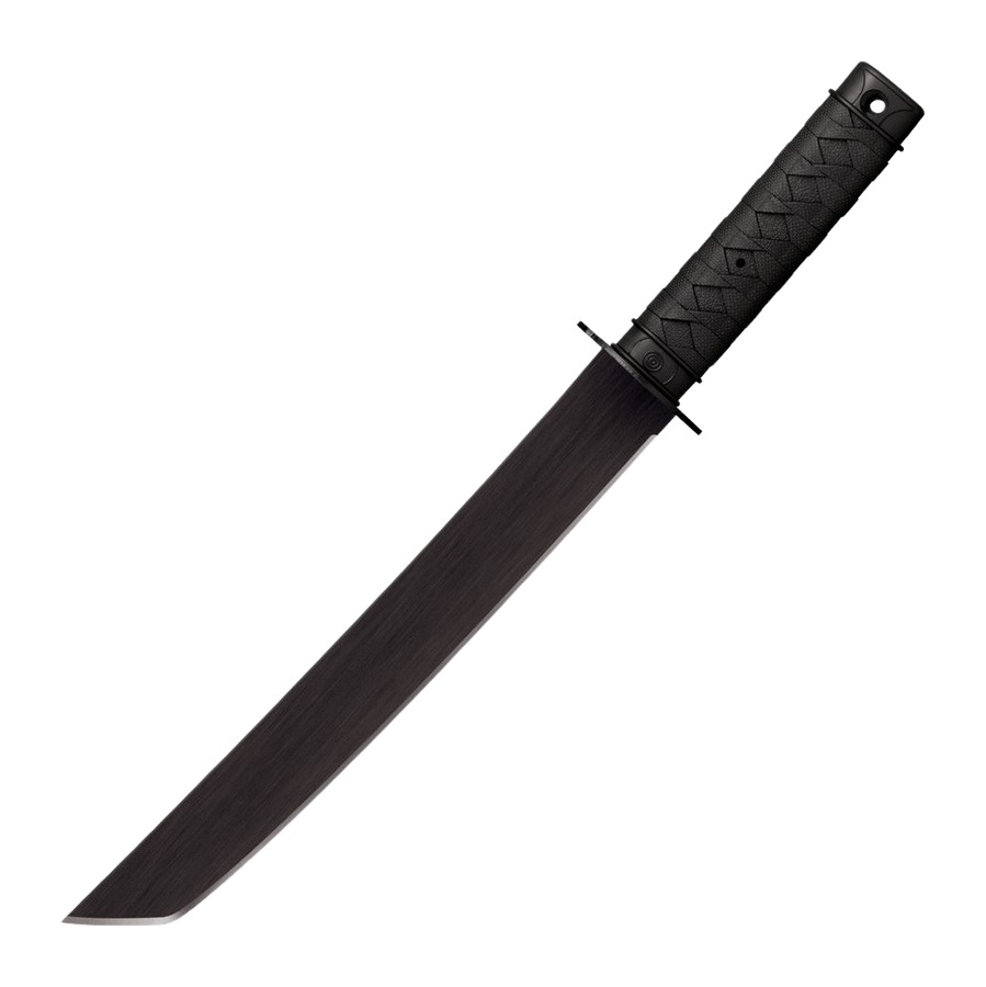 Black machete with textured handle on white background