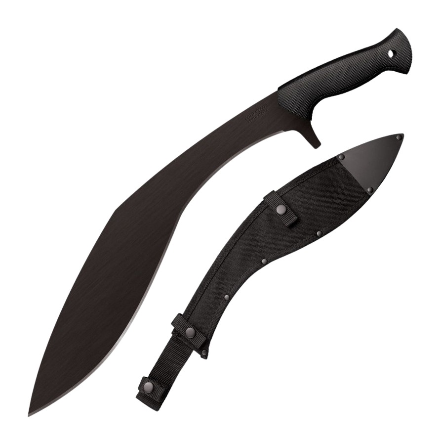 Large curved machete with black handle and sheath