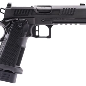 Black semi-automatic pistol with extended magazine