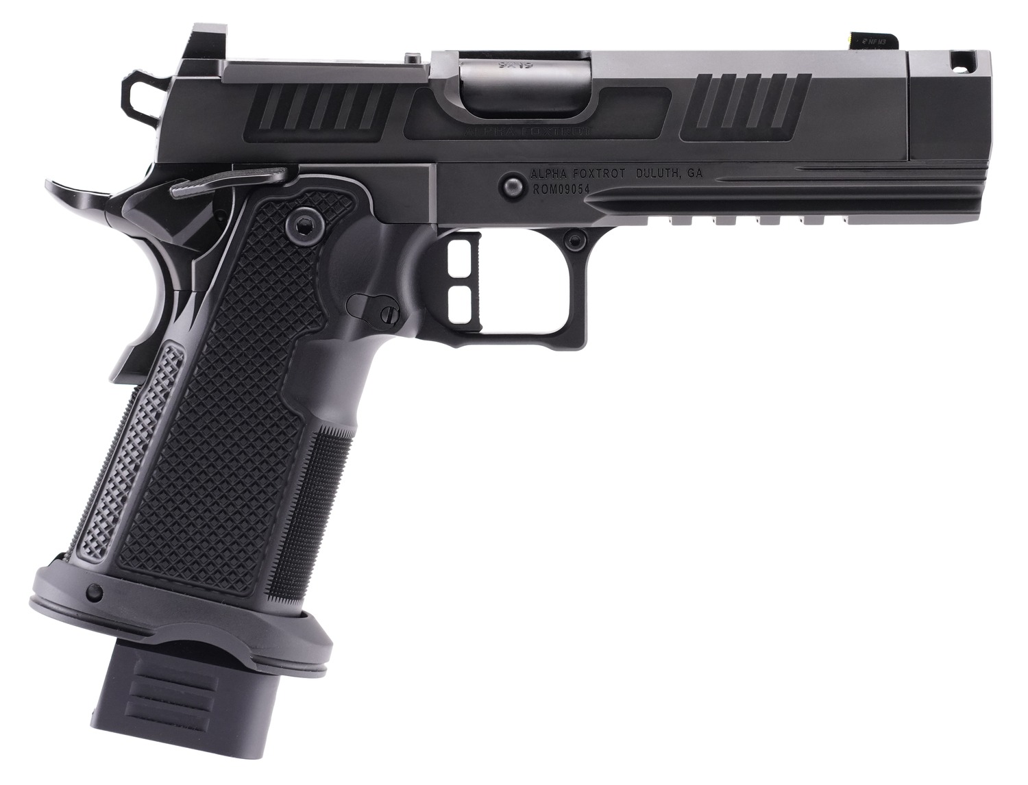 Black semi-automatic pistol with extended magazine