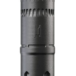 Black cylindrical metal suppressor on white background