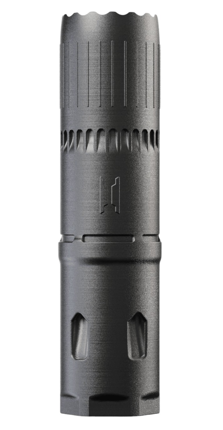Black cylindrical metal suppressor on white background