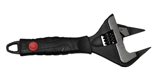 Black adjustable wrench with red button handle