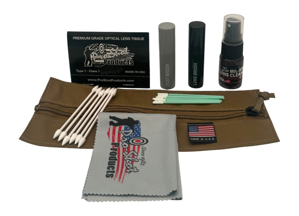 Optical lens cleaning kit with pouch and tools