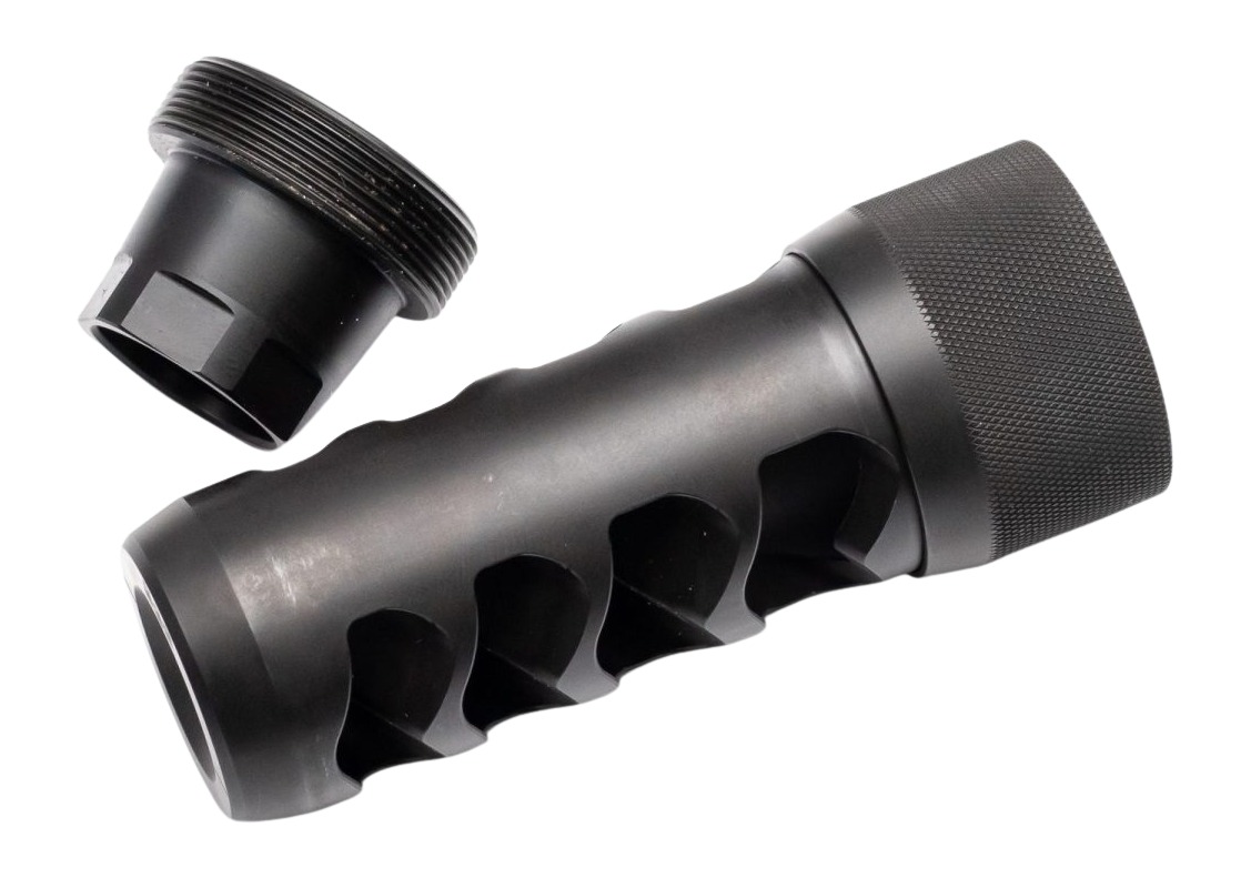 Black metal firearm accessory with threaded cap