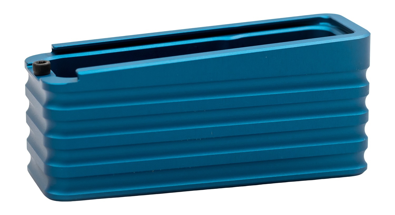 Blue machined metal block with top slot