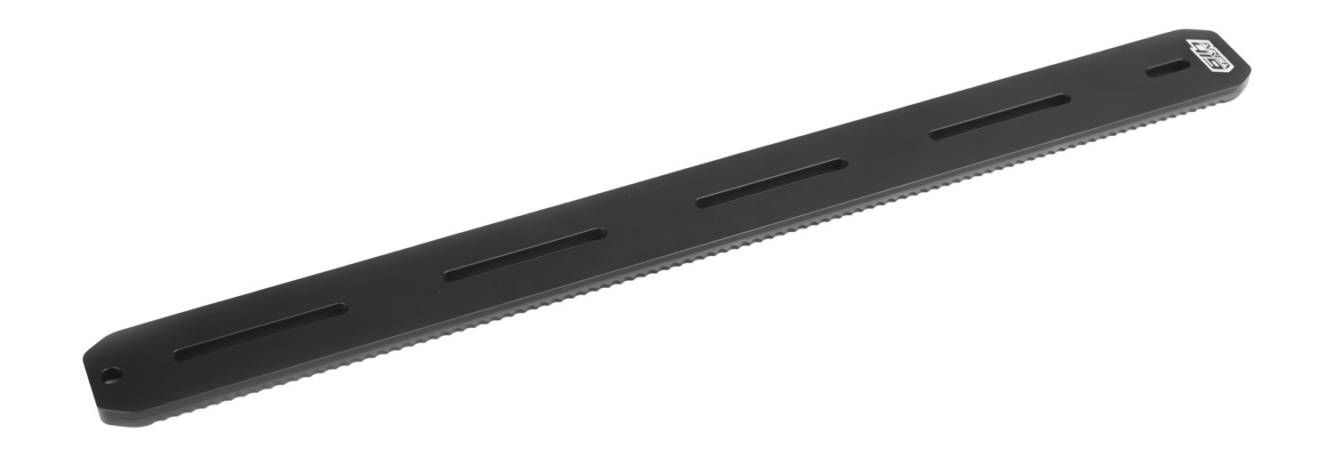 Long black slotted metal mounting rail