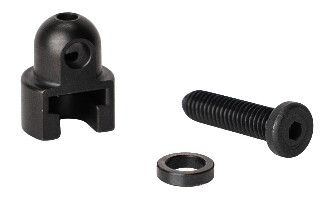 Black metal mounting bracket with screw and washer
