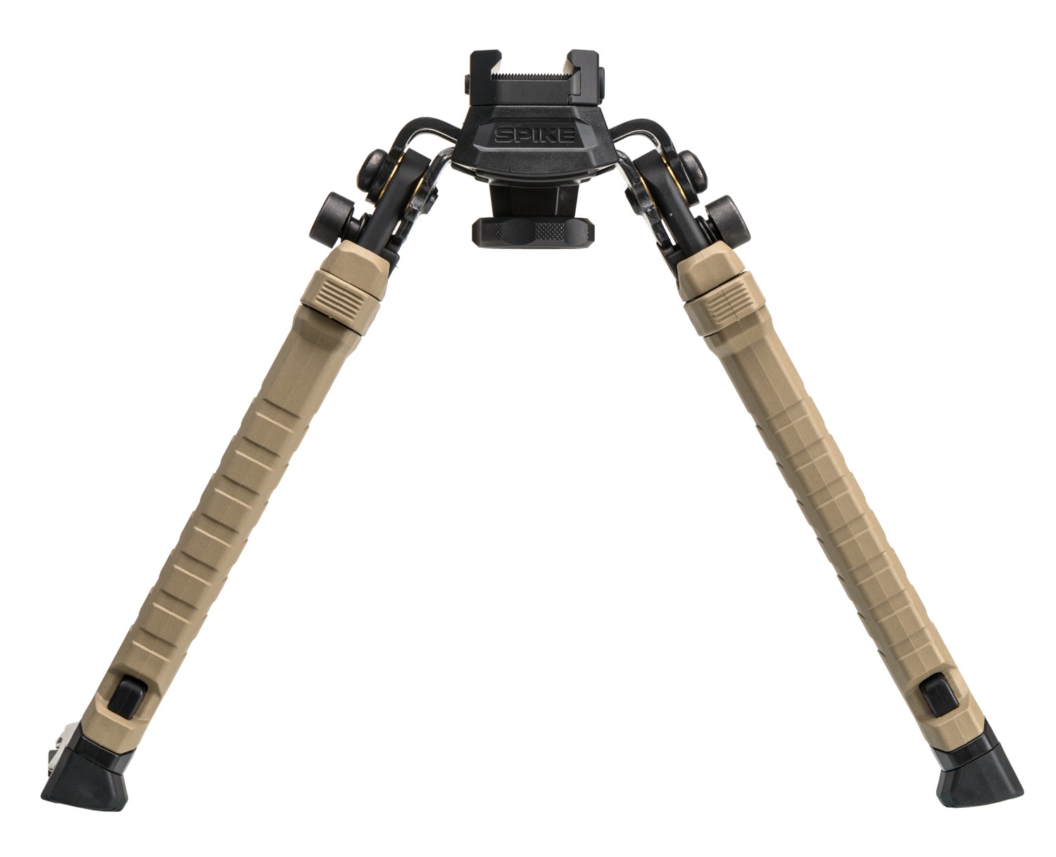 Tan and black adjustable rifle bipod