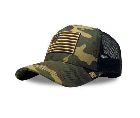 Camouflage trucker hat with American flag patch