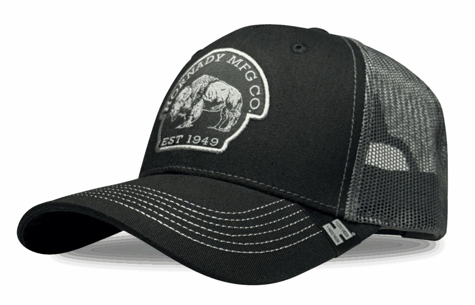Black trucker hat with bear logo patch