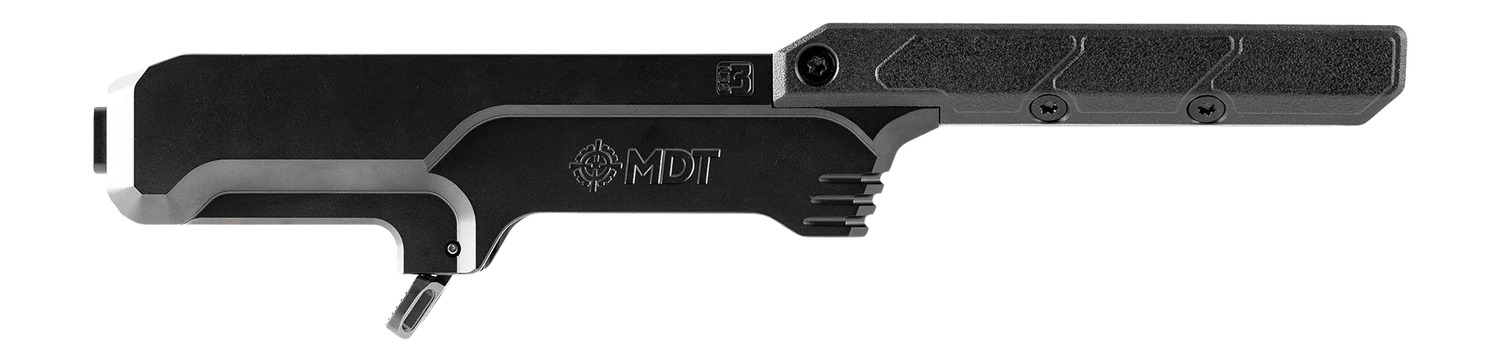 Black MDT rifle chassis with folding stock