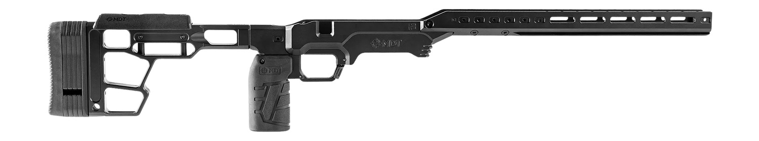 Black precision rifle chassis with adjustable stock