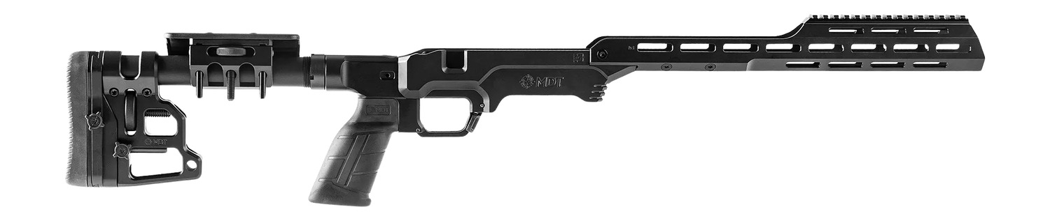 Black precision rifle chassis and adjustable stock