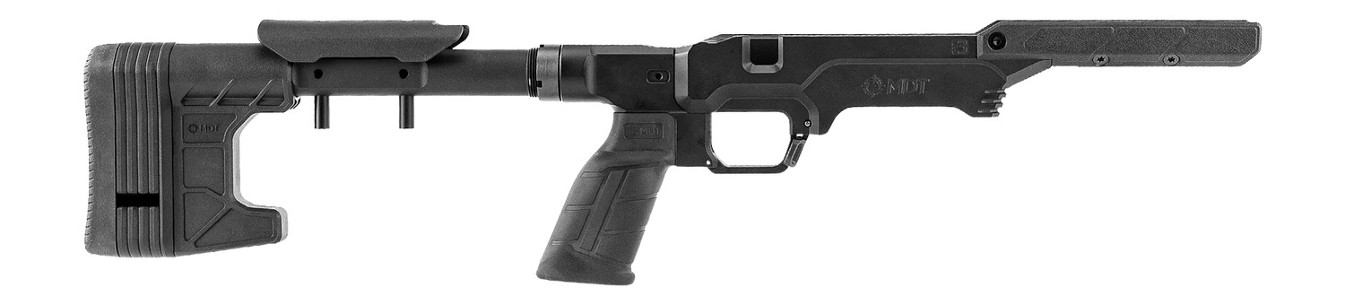Black adjustable rifle chassis with pistol grip