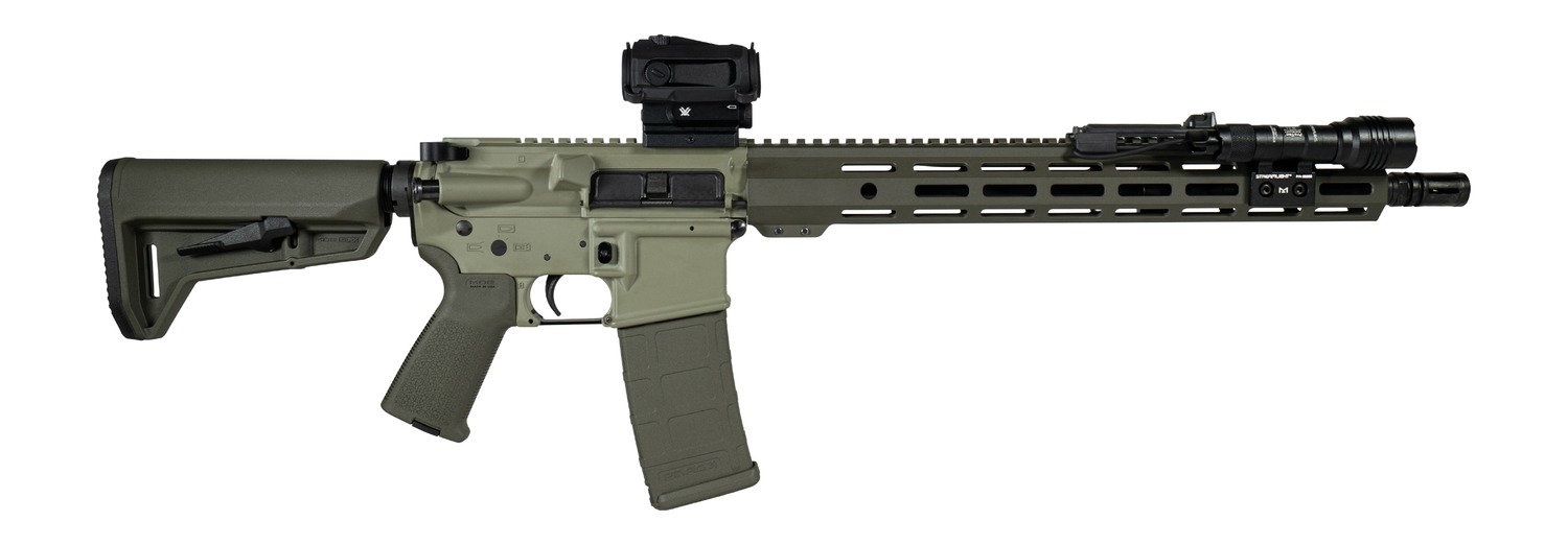 Olive green AR-15 style rifle with optic