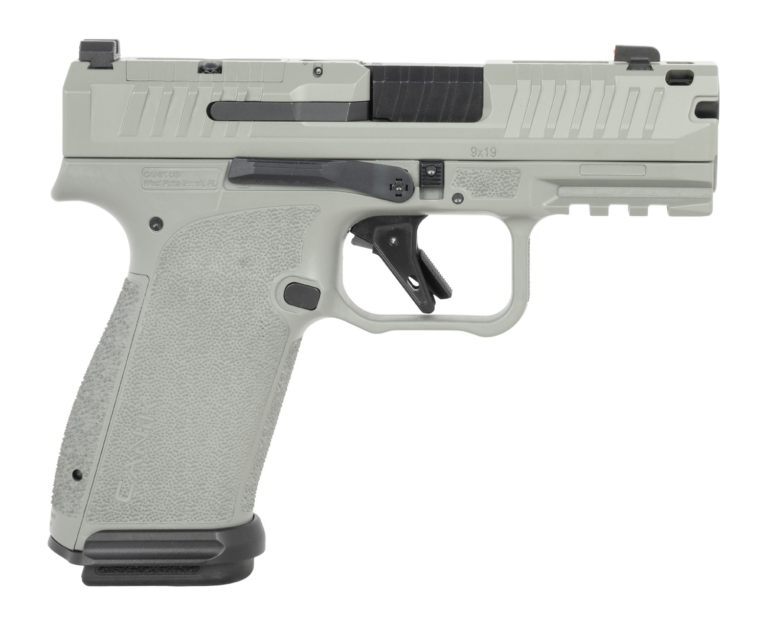 Light gray 9mm semi-automatic handgun side view
