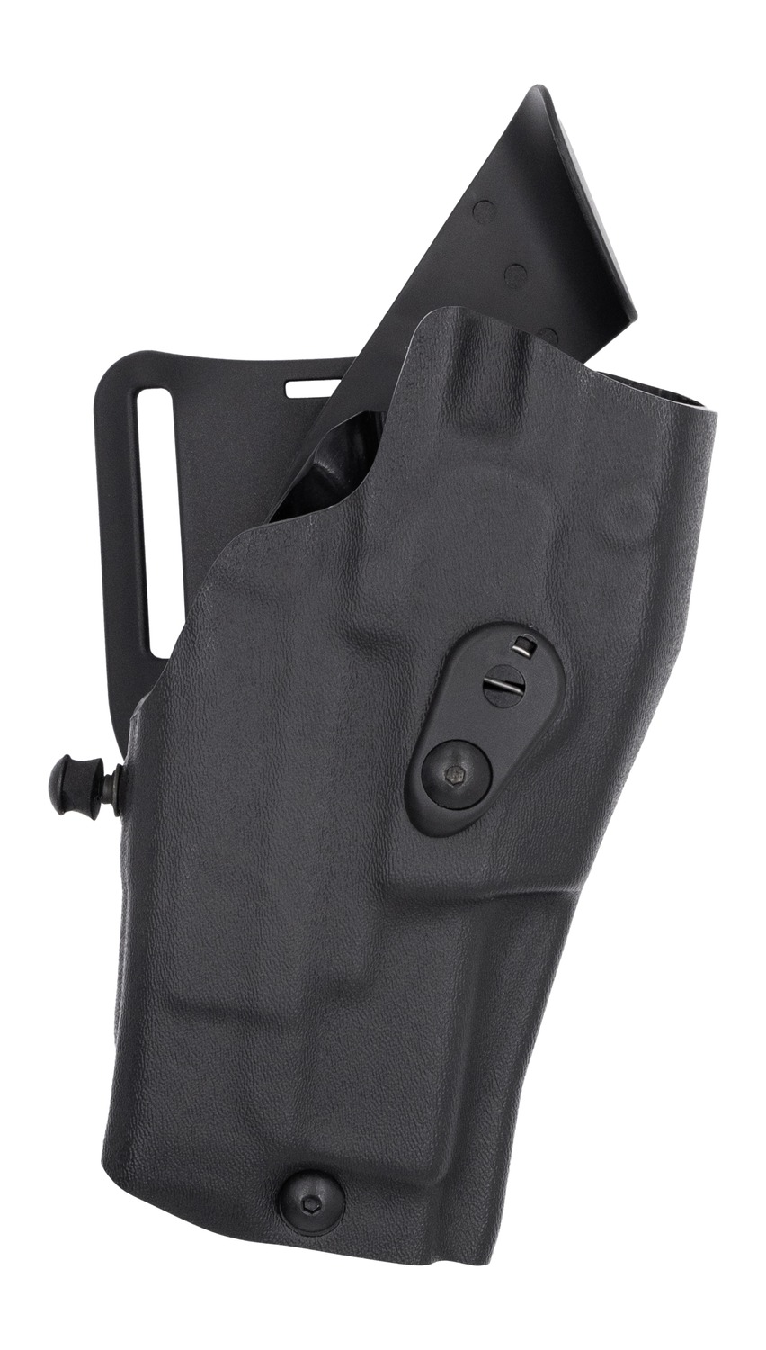 Black polymer tactical handgun holster with belt attachment