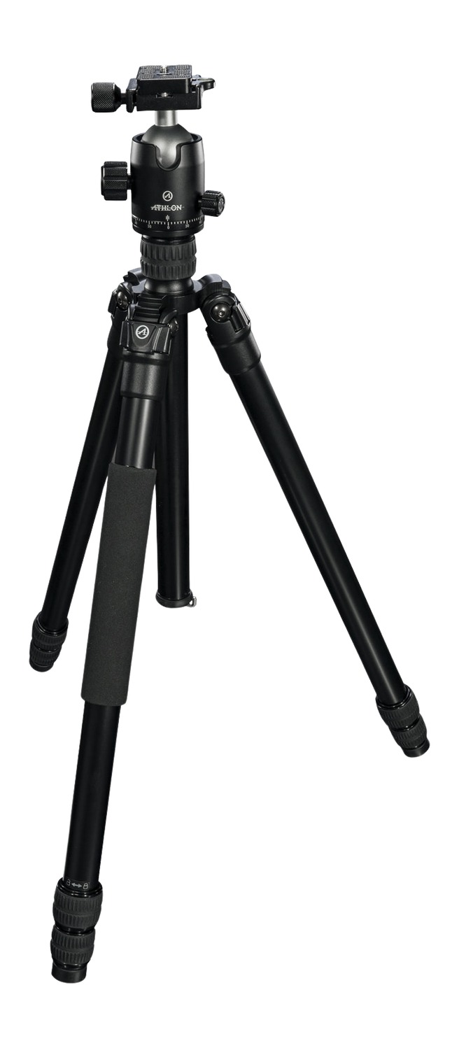Black camera tripod with ball head
