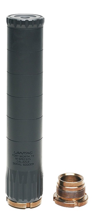 Black cylindrical firearm suppressor with threaded mount