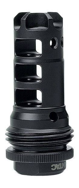 Black metal muzzle brake with side ports