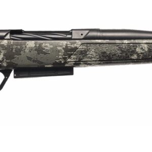 Camouflage bolt-action rifle on white background