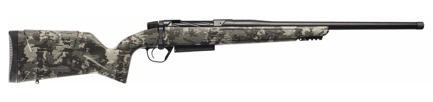 Camouflage bolt-action rifle on white background