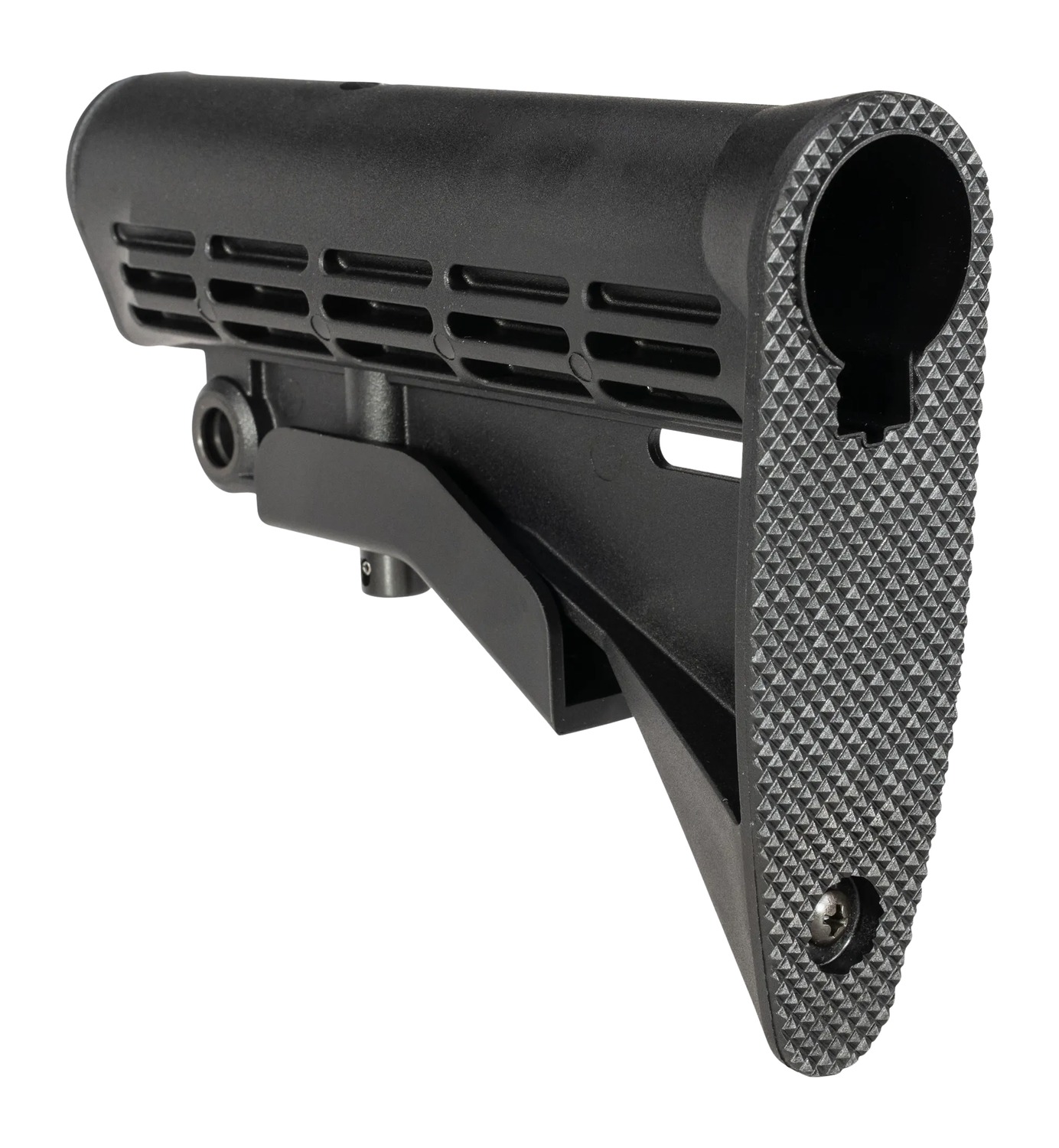 Black adjustable rifle stock with textured buttpad