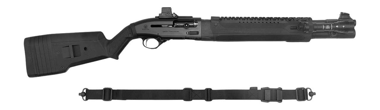 Tactical shotgun with mounted flashlight and sling