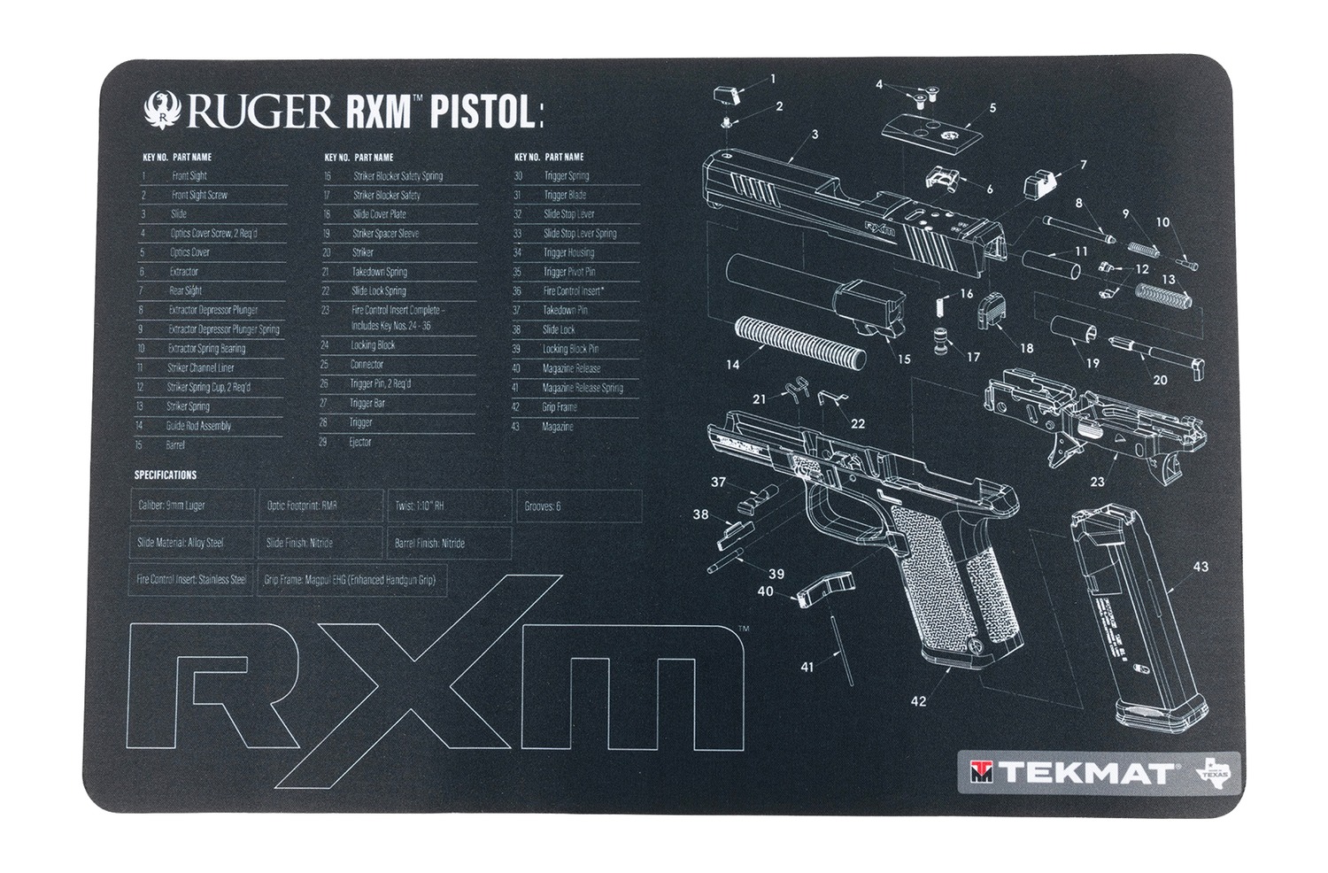Ruger RXM pistol parts diagram on mat