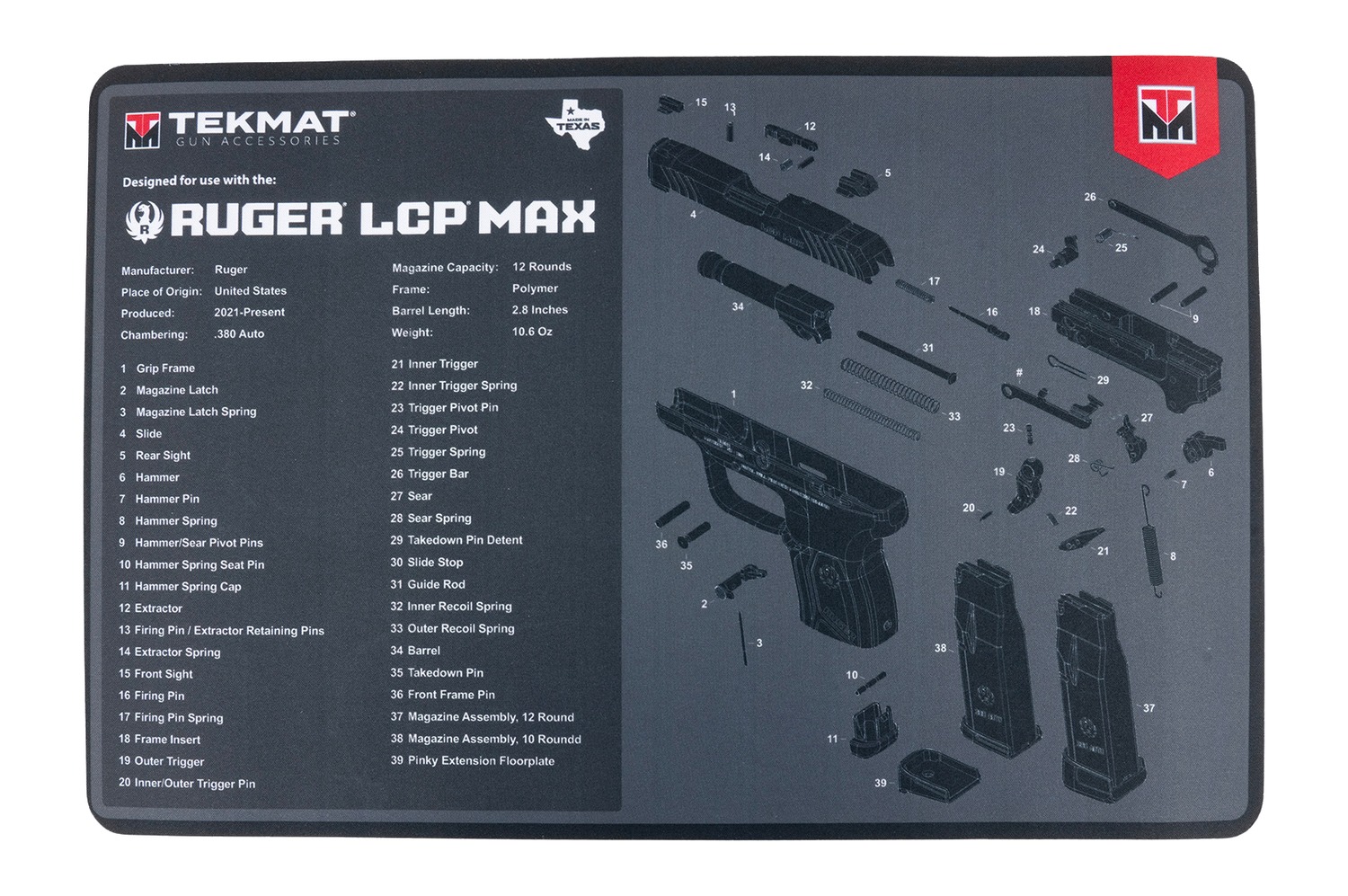 Ruger LCP Max exploded diagram cleaning mat