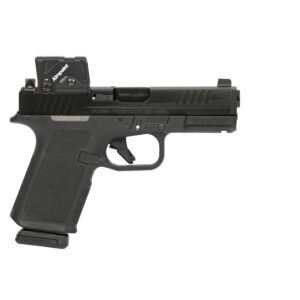 Black semi-automatic pistol with red dot sight