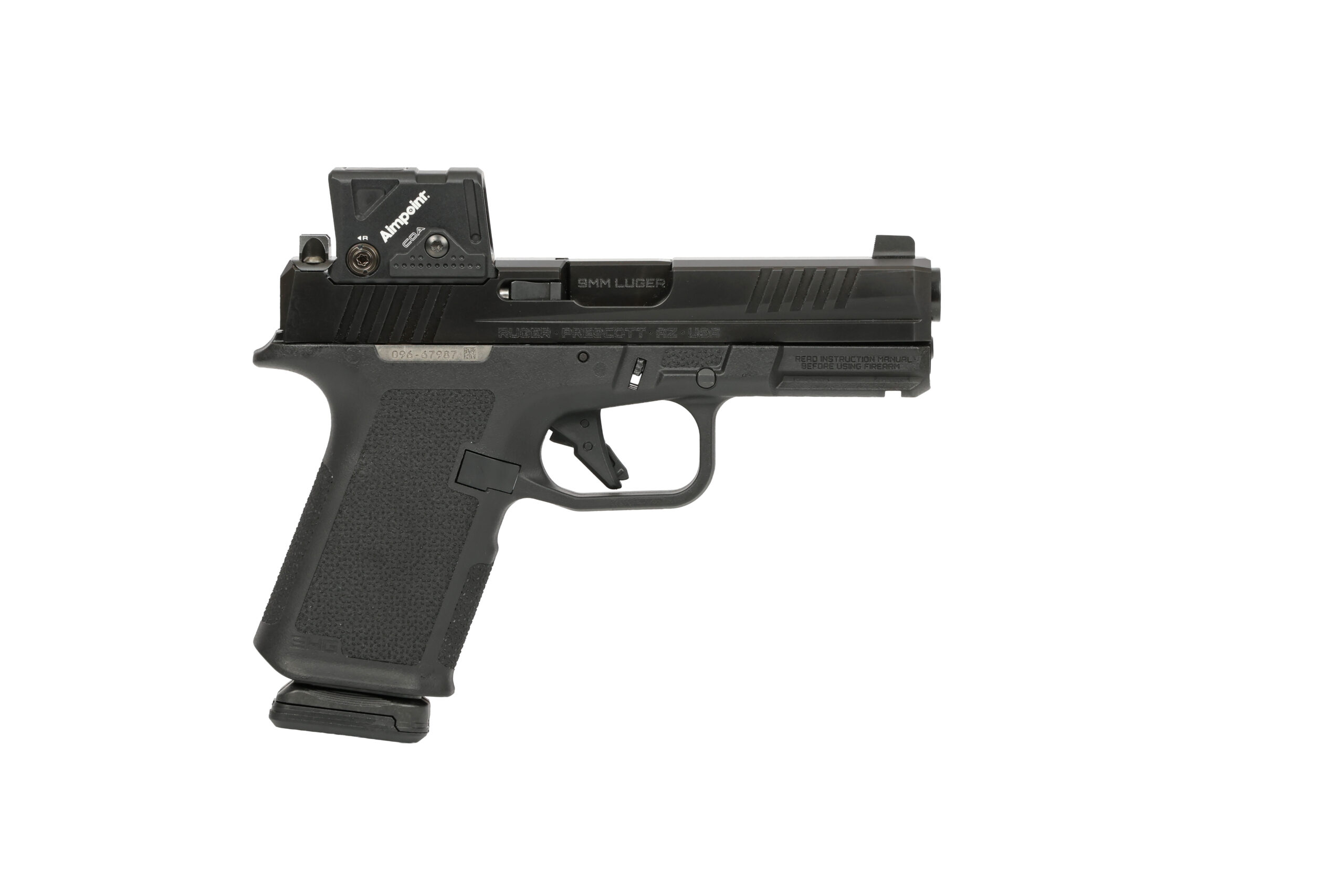 Black semi-automatic pistol with red dot sight