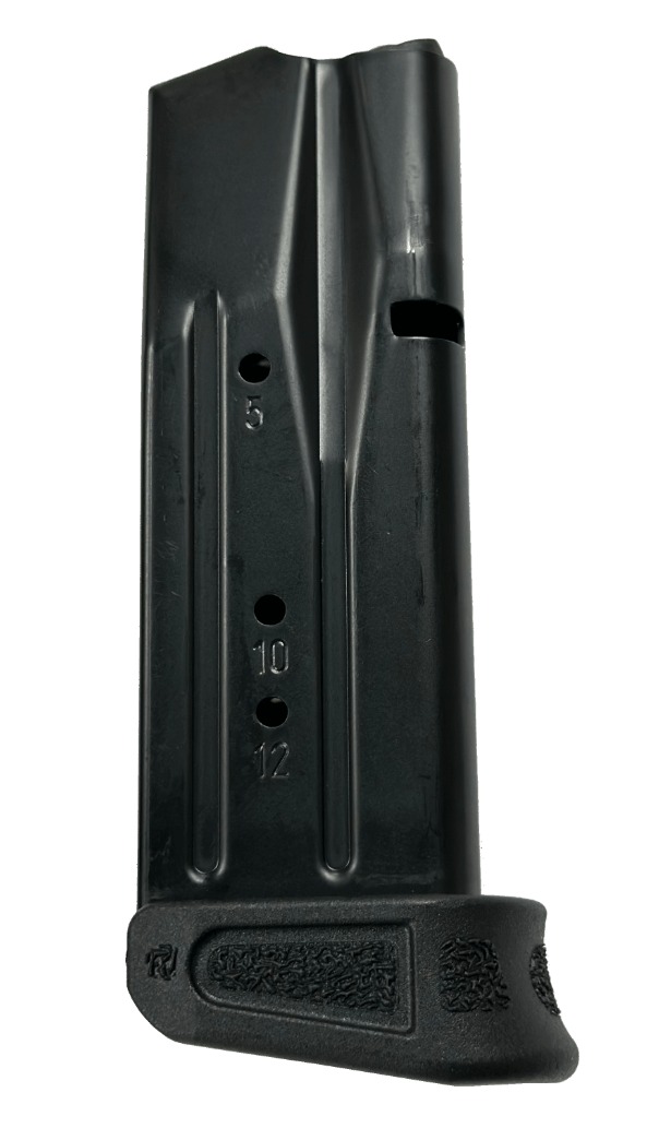 Black metal handgun magazine with round count holes