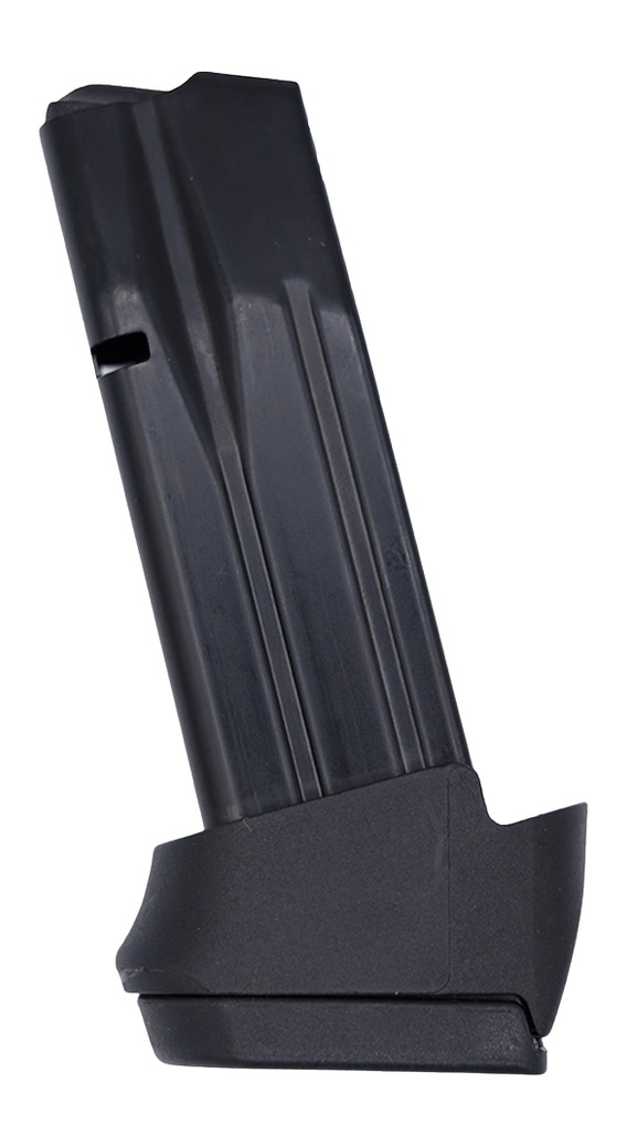 Black handgun magazine with extended base plate