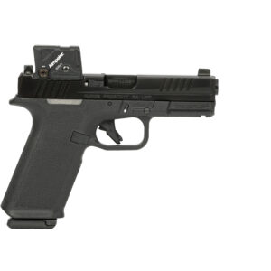 Black semi-automatic pistol with red dot sight