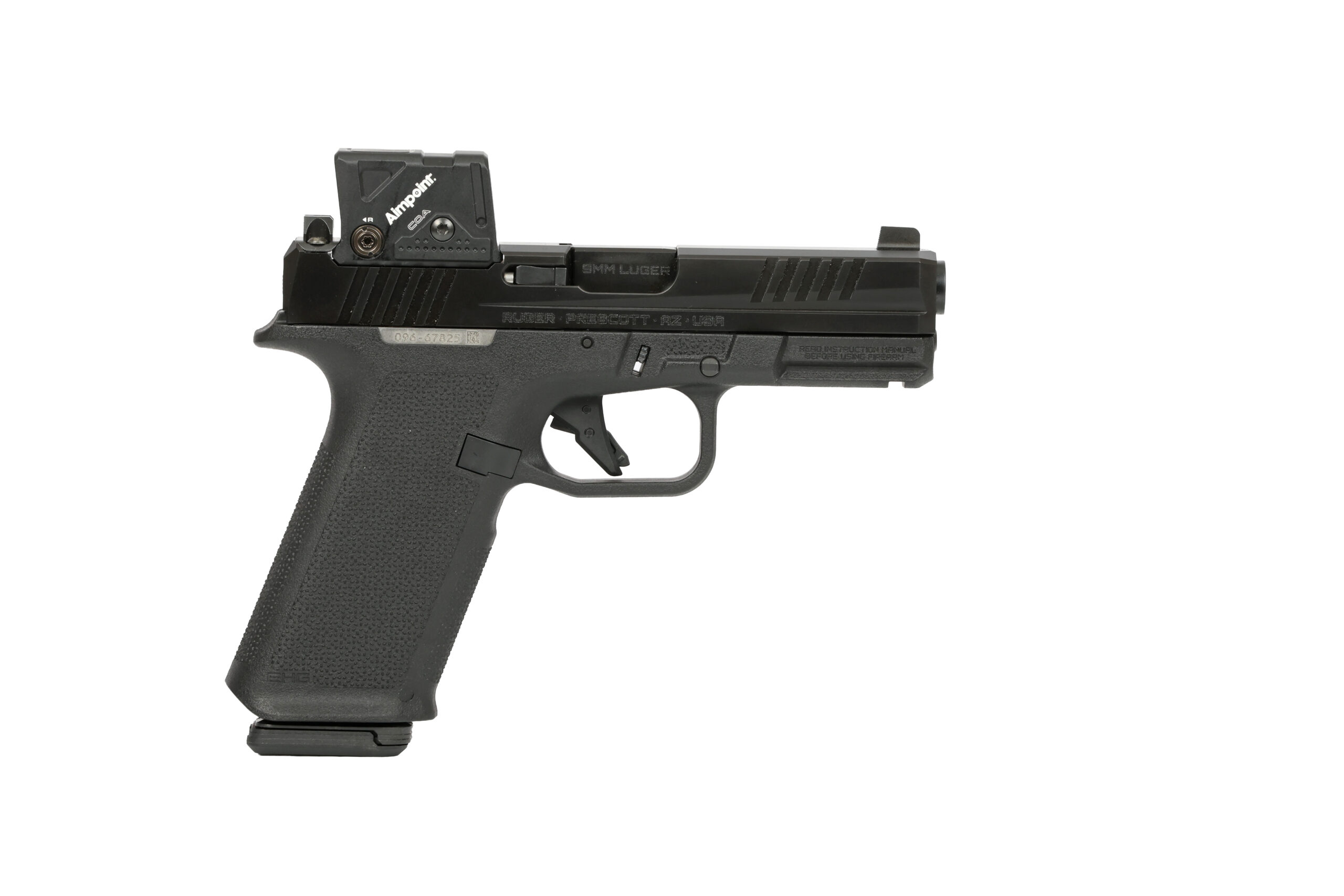 Black semi-automatic pistol with red dot sight