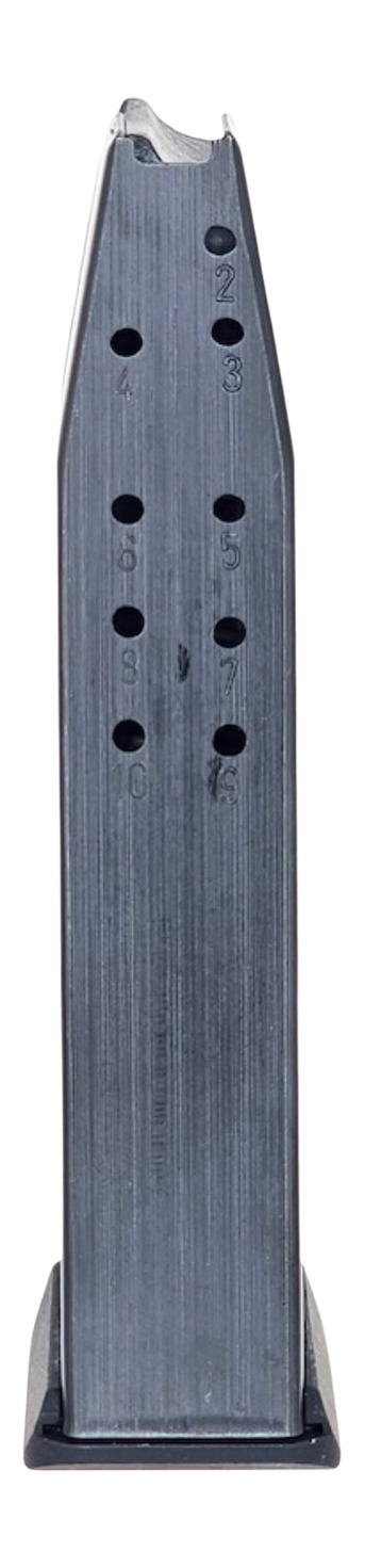 Metal handgun magazine with numbered witness holes