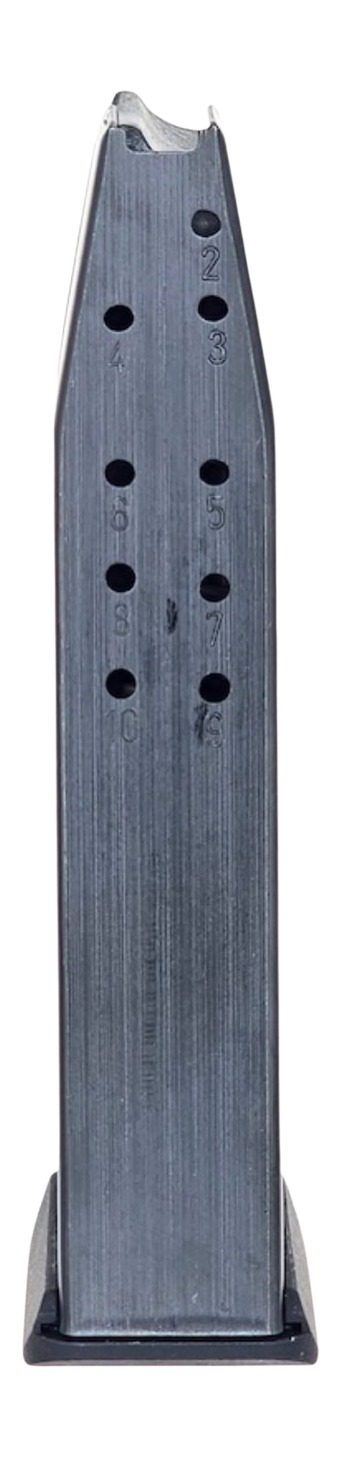 Metal handgun magazine with numbered witness holes