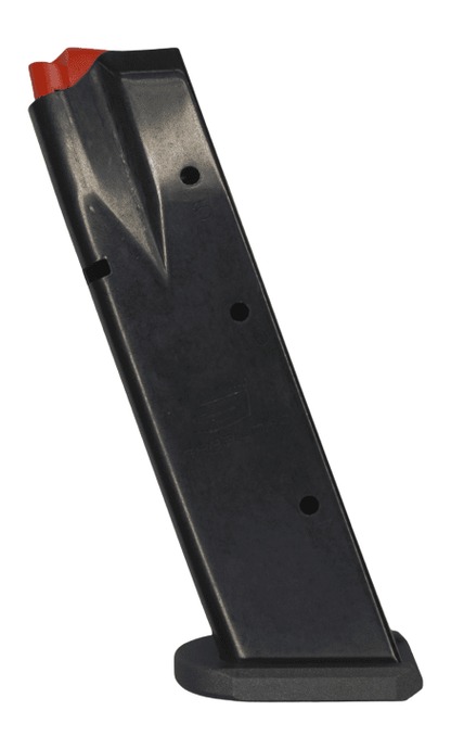 Black handgun magazine with red follower